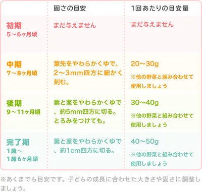 春菊時期別の大きさ・固さの目安/表