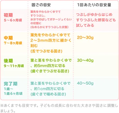 モロヘイヤの時期別の大きさ・固さの目安/表