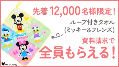 【先着12,000名】学資保険の資料請求で必ずもらえる！ループ付きタオル(ミッキー＆フレンズ)