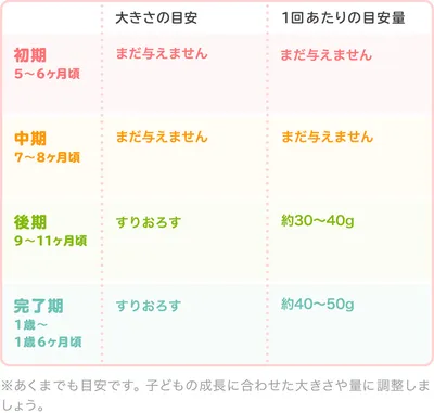 アボカドの時期別の大きさ・1回あたりの目安量/表