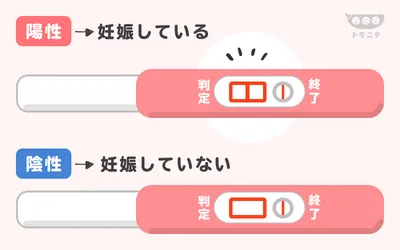 妊娠検査薬の判定結果の見方を解説している画像。上部に陽性の場合（妊娠している場合）の妊娠検査薬のイラストを記載。判定窓と終了線の両方に線がある。下部に陰性の場合（妊娠していない場合）の妊娠検査薬のイラストを記載。終了線しか浮かんでおらず、判定線が出ていない。画像右上にトモニテのロゴ。